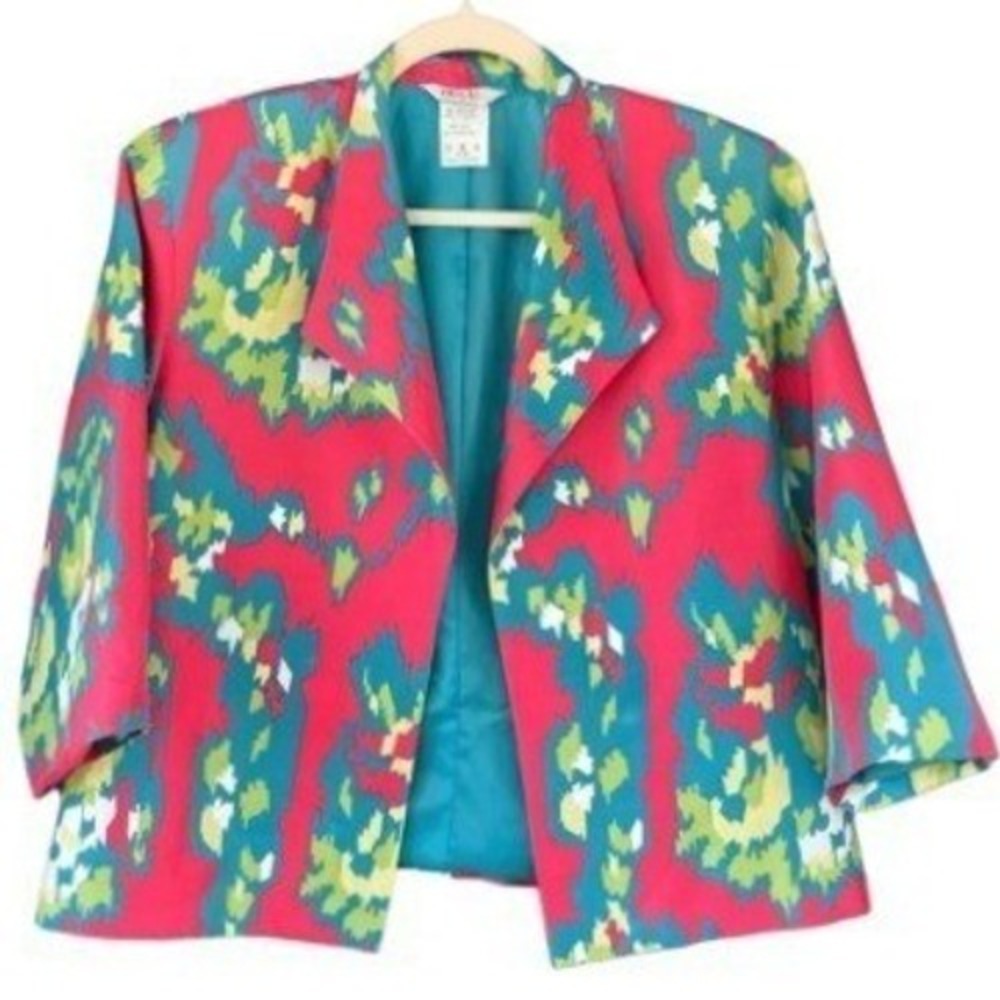 S4 Bleyle Silk Blazer Abstract Pink Teal Open Front Jacket 80s Vintage 100% Silk
